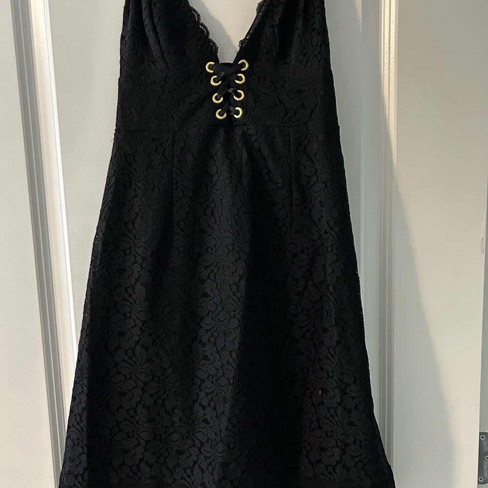 Victoria's Secret Black and Gold Lace Mini Dress Plunge Neckline Sleeveless